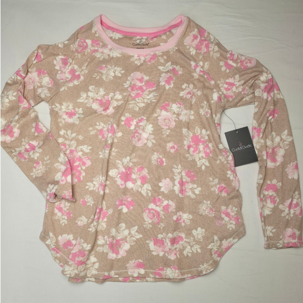 Cuddl Duds Womens 2 Piece Jogger Pajama Set Tan/Pink Medium Floral Lounge PJ NWT